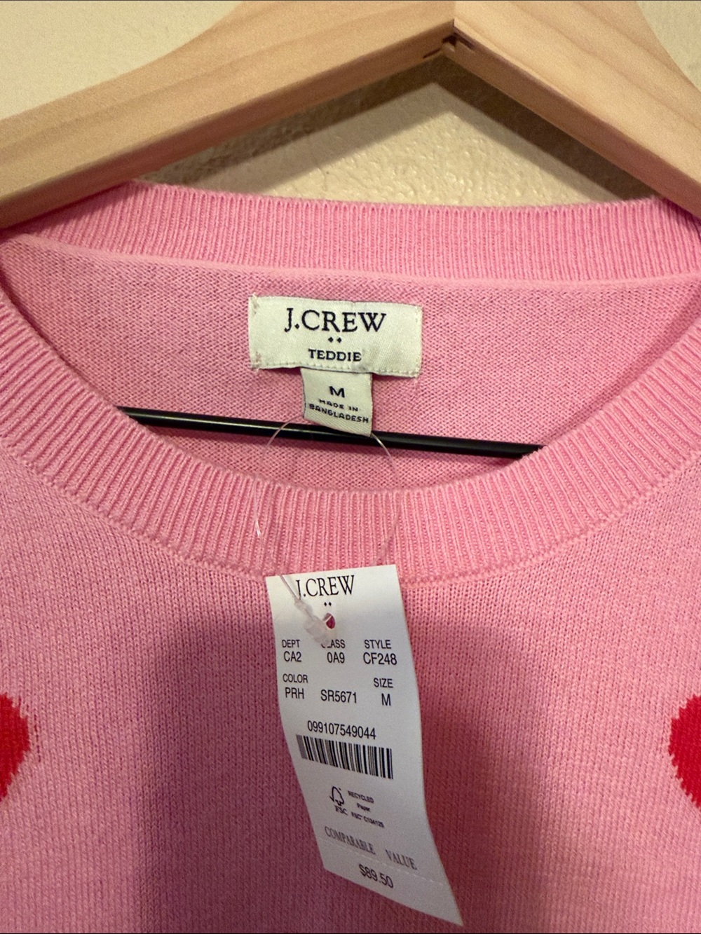 J.Crew‎ Teddie Pink Red Heart Intarsia Cotton Crewneck Sweater Size Medium NWT - Picture 5 of 8